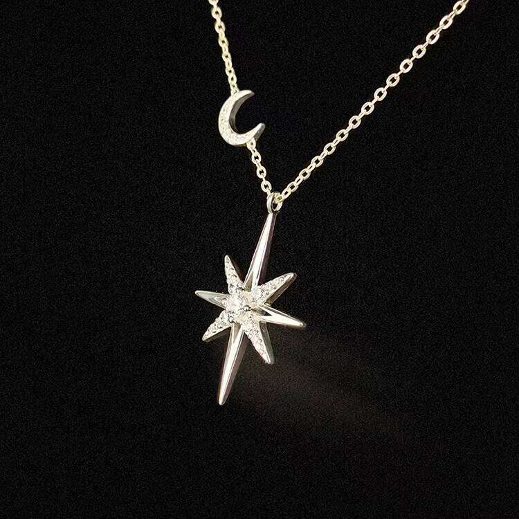 Jewelry Sterling Sier Pyroxene Starburst North Star Pendant Necklace for Women with Rhodium Plating