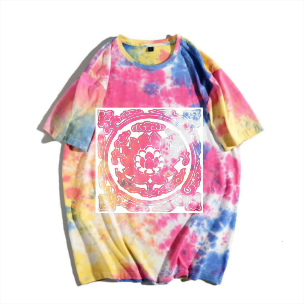 New Chinese tie dyed lotus T-shirt China-Chic dopamine gradient short sleeve ink tee hand-painted lotus pattern blouse new Zen casual clothes