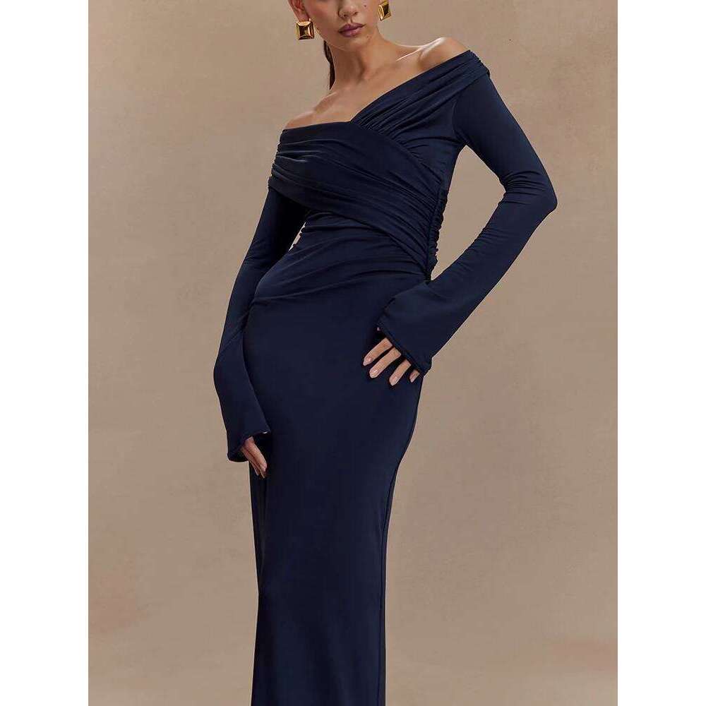 Mozision Autumn V Neck Sleeve Sexy Maxi Dress For Women Gown Fashion Solid High Waist Ruched Bodycon Club Long Dresses C260312
