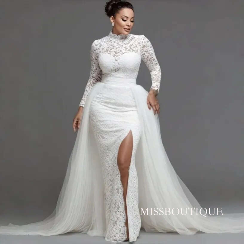 Side Slit Sheath Lace Wedding Dresses With Detachable Skirt 2026 High Collar Long Sleeves Elegant Bridal Gowns Ivory Vestidos De Novia D04 B0312
