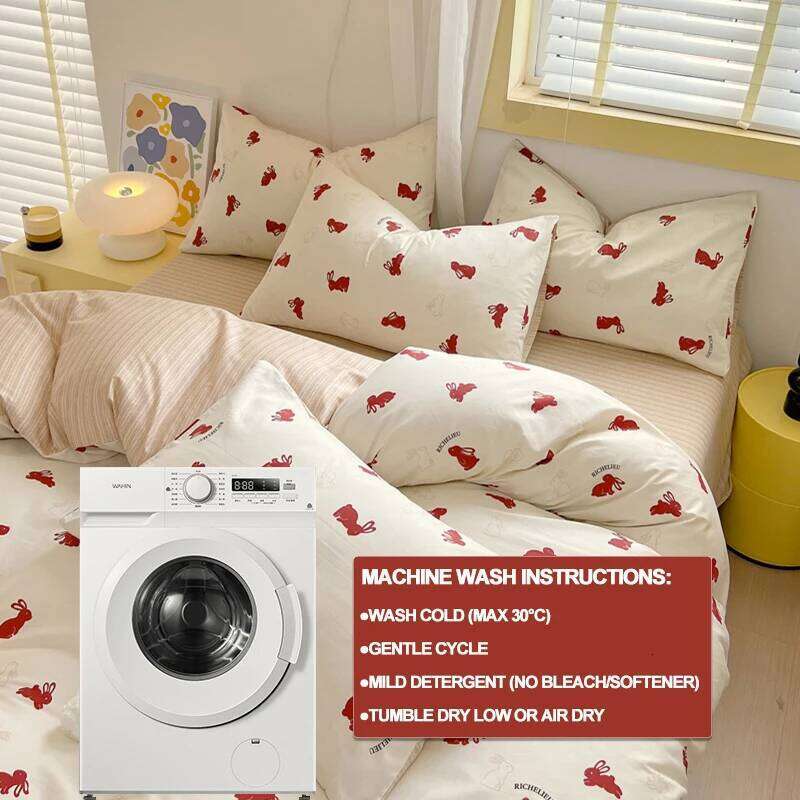 100% Cotton Set Set- Red Bunny & Striped Design Duvet Cover with 2 Pillowcases, Soft Breathable Bedding H260312