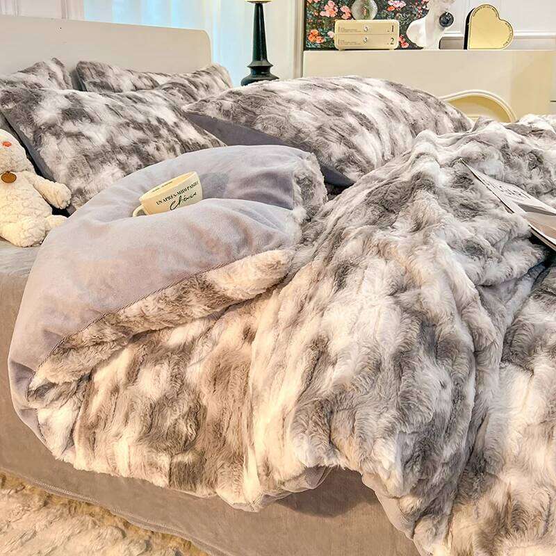 Warm Imitation Rabbit Fur Velvet Bedding Set,AB Side Duvet Cover,Flanne Plush Bed Sheet,Queen King Home Bedclothes Drop shipping H260312