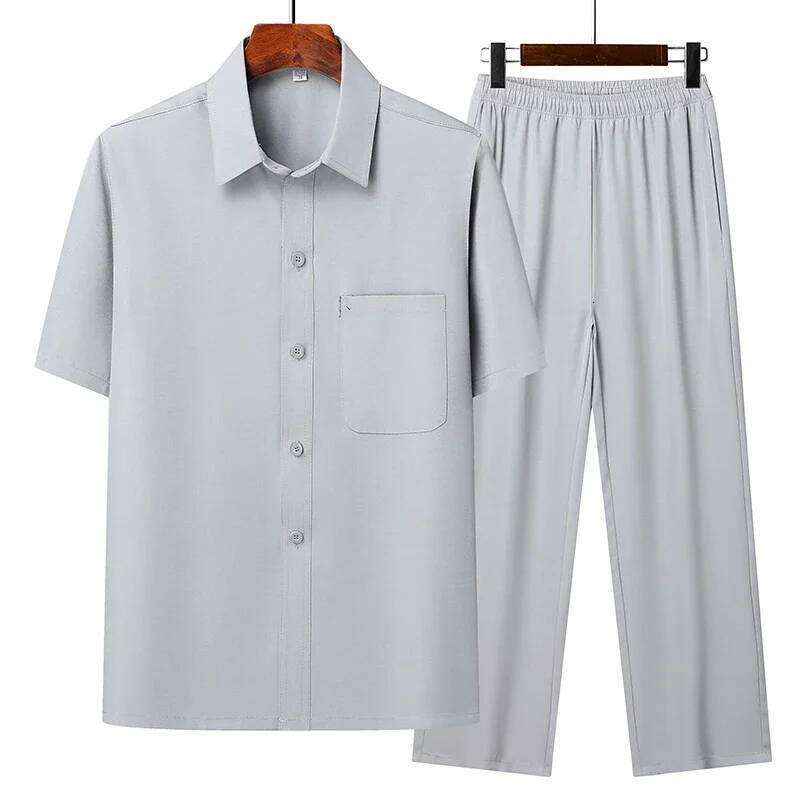 Top + Pants Summer Leisure All Match Middle-aged and Old Dad Men Fashion Trend Grandpa Loose Lapel Half-sleeve Shirt Set