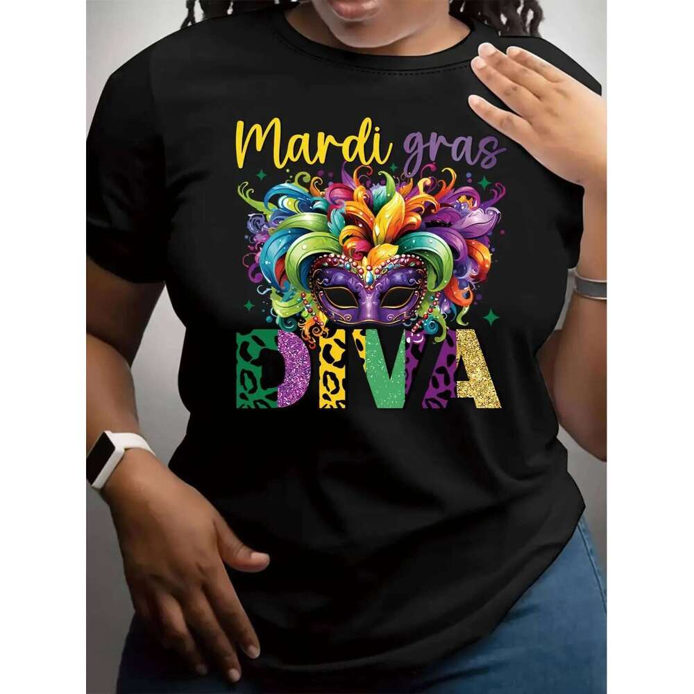 Women's Carnival Print Crew Neck T-Shirt Casual Comfortable All-Season Fashion Top for Spring Summer Autumn Winter Z260312