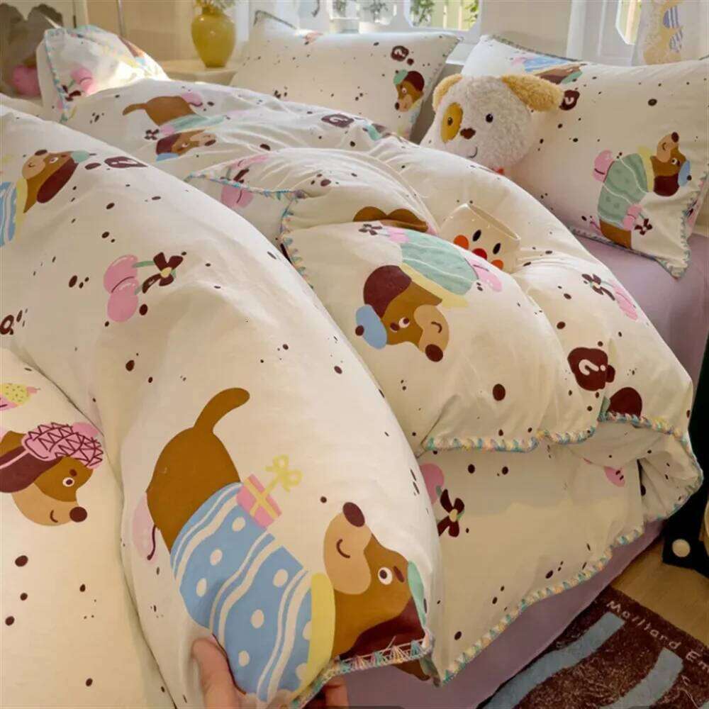 Sausa Dog Heart Cherry Quilt Double layer Yarn Four Pink Washed Cotton Bed Single Dormitory Simple Three piece Set H260312