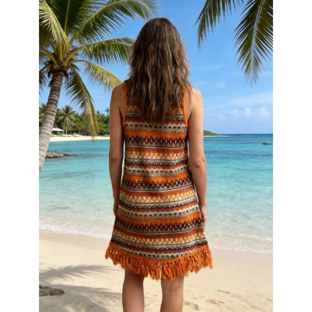 Retro Geometric Sleeveless Tank EU/US Style Orange-Brown Fringe Hem Knit | Summer Beach Casual Mini Dress C260312
