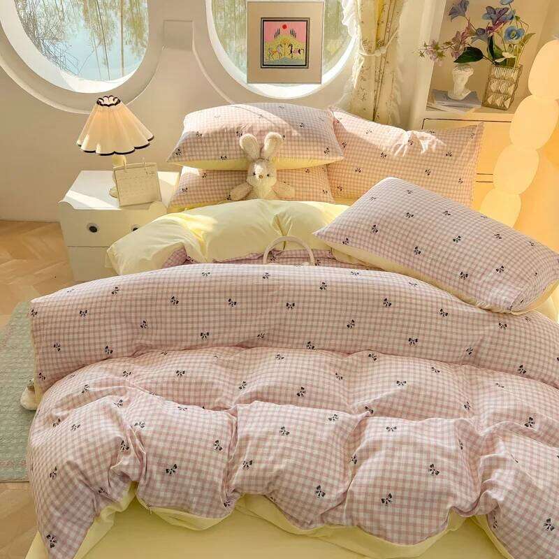 2025 New Quilt Washed Cotton Ins Style Bed Cover Four-piece Sheet Set - Bow Check Pillowcase Included for Students 150x200 H260312
