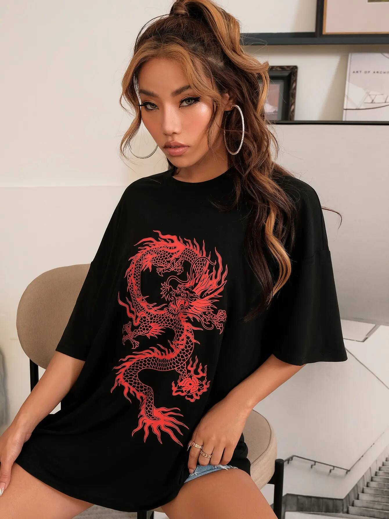 Chinese Red Dragon Pattern Printed T-Shirts Women Fashion Street Short Sleeve Summer Oversize 100% Cotton T Shirt Loose Tees Top ddmythur