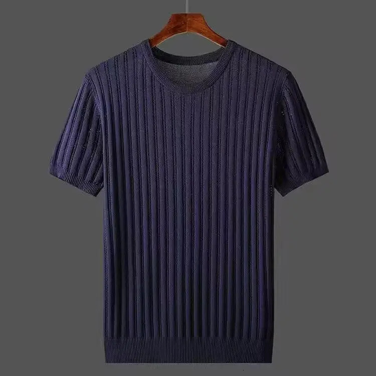 Ice Silk Spring Summer Men T-shirts Hollow Out Short Sleeve Casual T-shirt Male Fashion Slim Fit Knitted Tees W77 260311