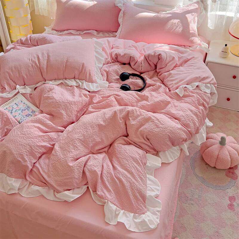 Princess Bedding French Style Washed Cotton Four Piece With Lotus Leaf Lace Duvet Cover Bedsheet Set Bed Linen H260312