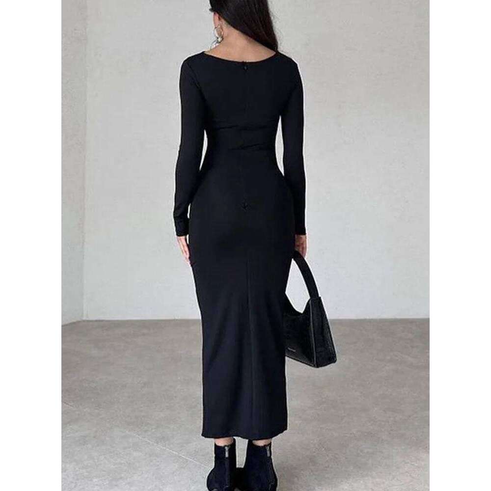 New Spring Autumn Bodycon for Women Slim Chic Long Sleeve O Neck Women's Dresses Elegant Black Party Dress Robe C260312