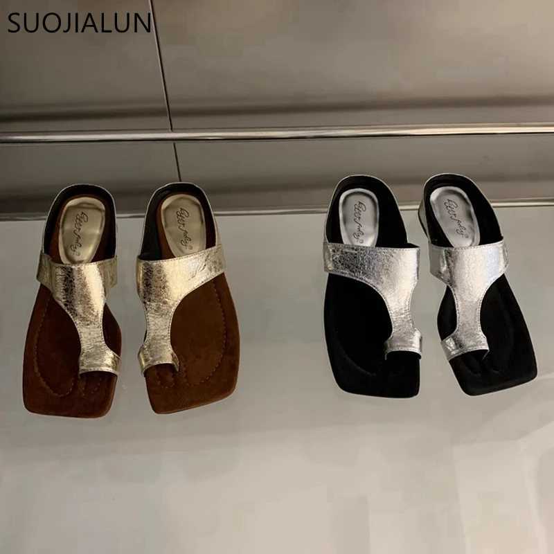 SUOJIALUN 2024 Summer New Women Slipper Fashion Gold Ladies Elegant Slides Square Low Heel Dress Casual Flip Flops Shoes K260312