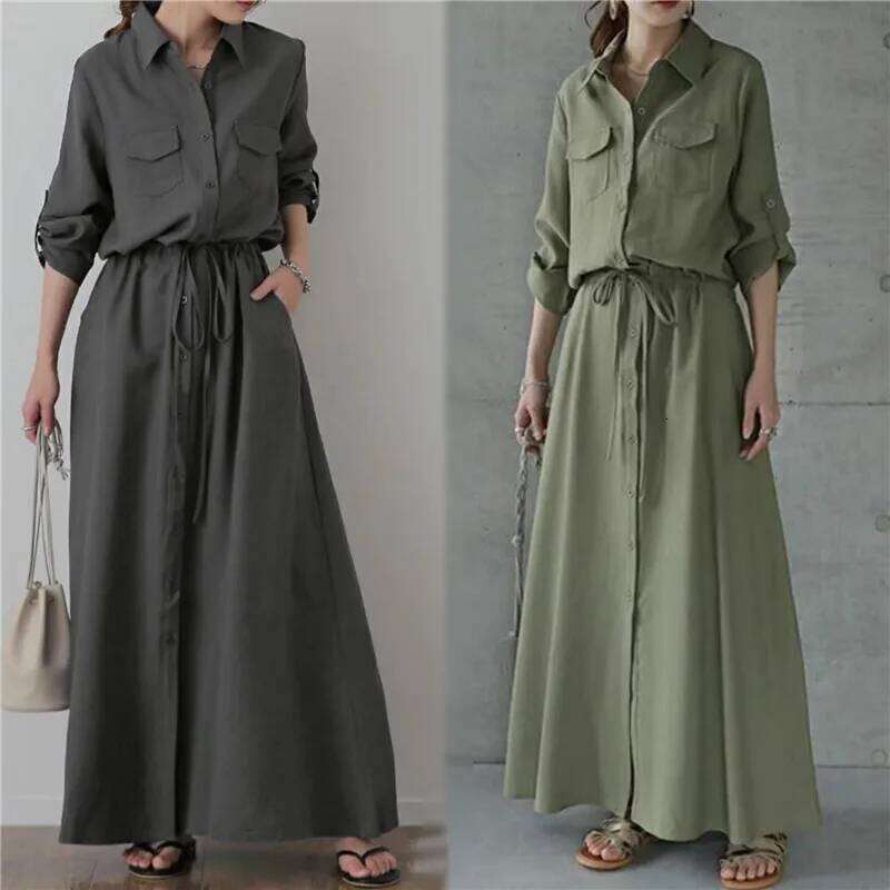 Solid Color Shirts Dresses Women Fashion Casual Lapel Long Sleeve Drawstring Elastic Waist Dress Female Commuting Clothing C260312