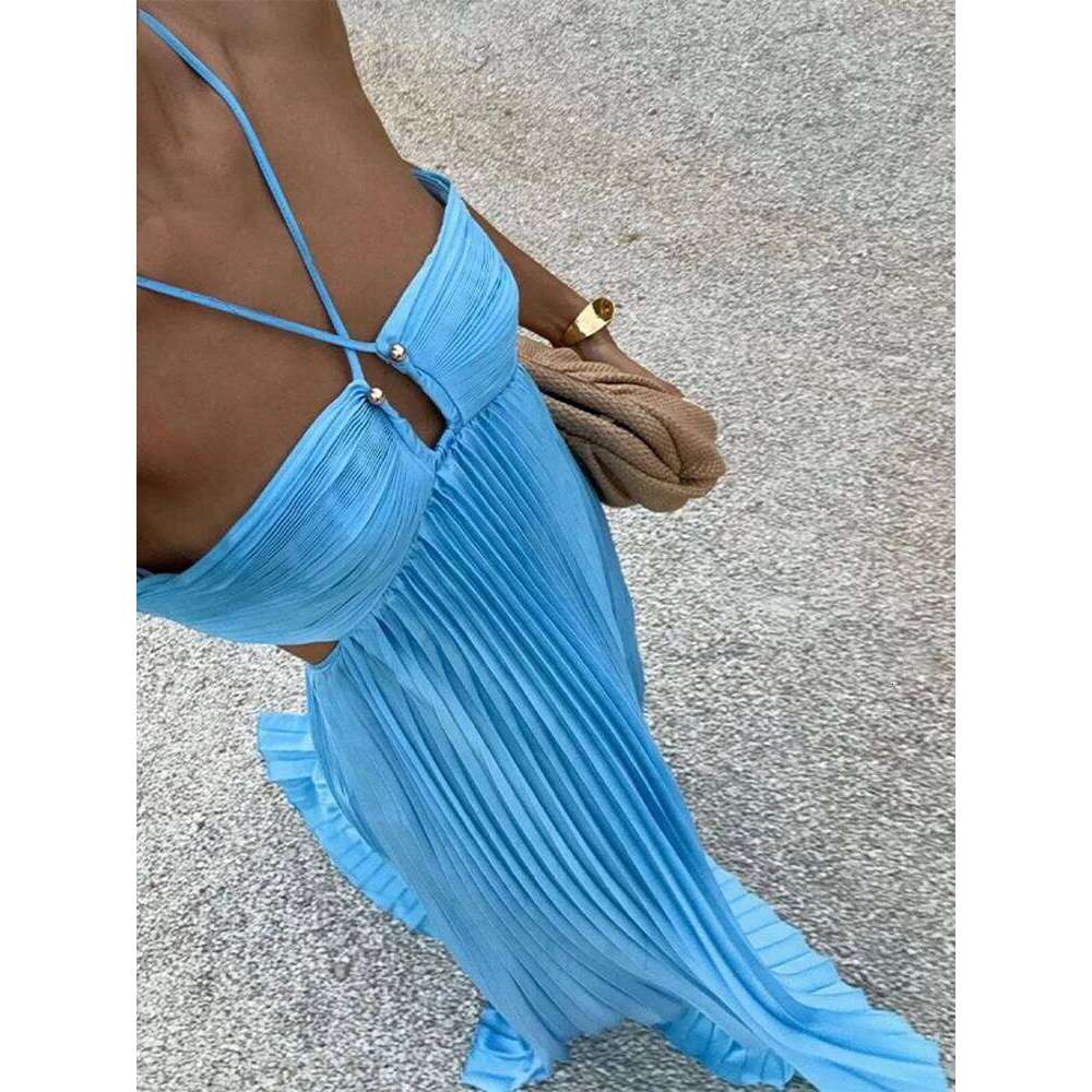 Summer Halter Pleated Long Dress Women Backless Sleeveless Blue Beach Vacation Dresses Female 2025 Fashion Lady A-line Robes C260312