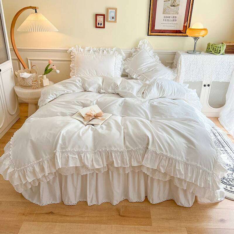 4Pcs White Korean Princess Style 100% Cotton Bedding Set Double Layer Lace Ruffles Duver Cover Bed Skirt Bedspread Pillowcases H260312