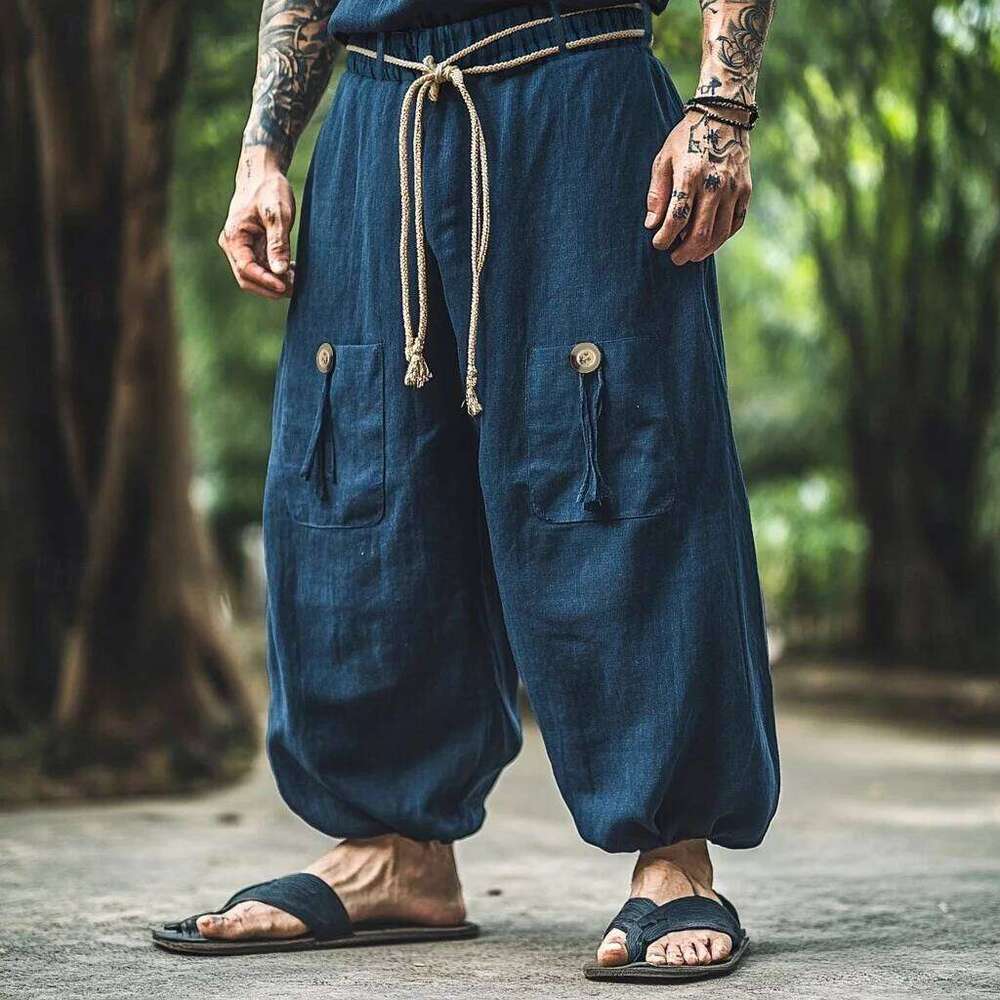 Ethnic Style Casual Cotton Linen Wide Leg Spring Summer New Men's Solid Color Lace-up Baggy Pants Vintage Streetwear Male