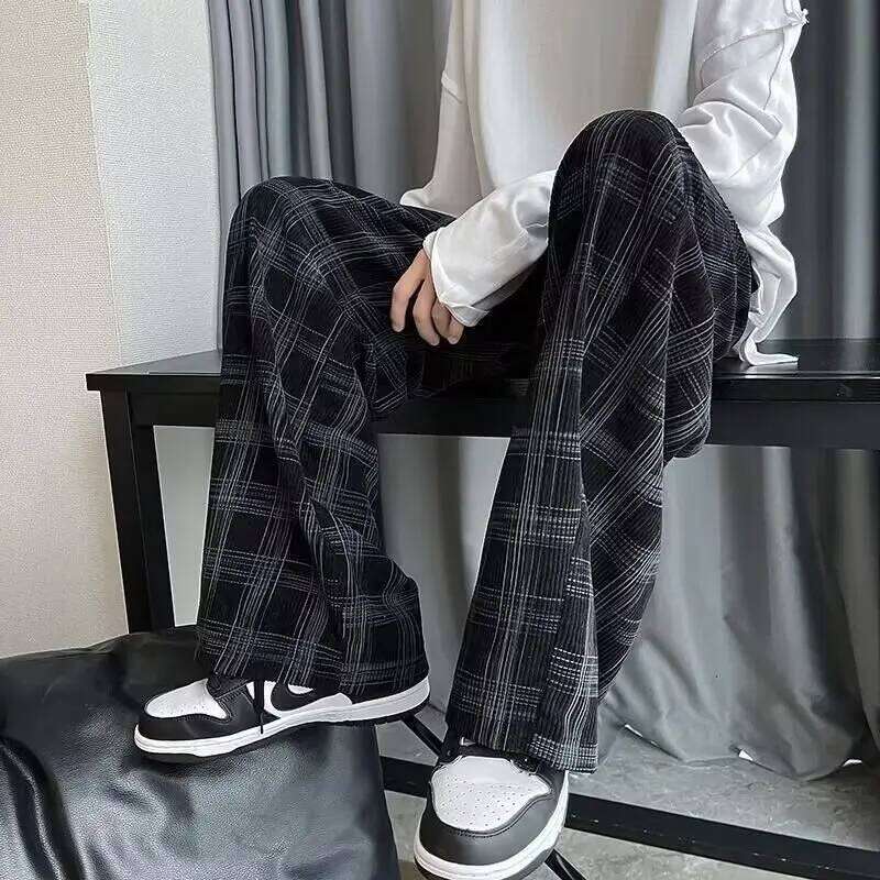 Checkered men's spring and autumn fat plus size trendy loose Korean version versatile wide leg casual pants spor
