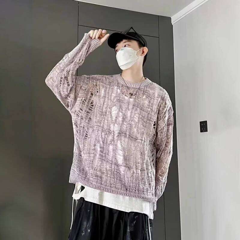 Vintage Ripped Hollow Out Mesh Knit Sweater Men Autumn Streetwear Fashion Crew Neck Long Sleeve Knitted T Shirt Mens Clothing