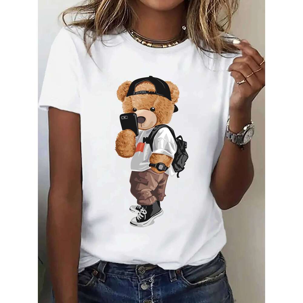 Leisure Comfort Fit Top Women's Activewear Cartoon Bear Pattern Printing Short Sleeve T-shirt Z260312