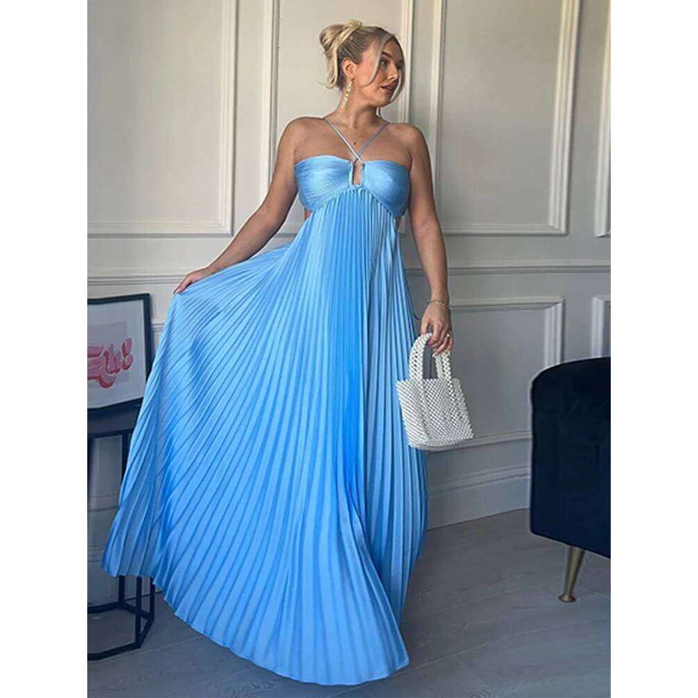Summer Halter Pleated Long Dress Women Backless Sleeveless Blue Beach Vacation Dresses Female 2025 Fashion Lady A-line Robes C260312