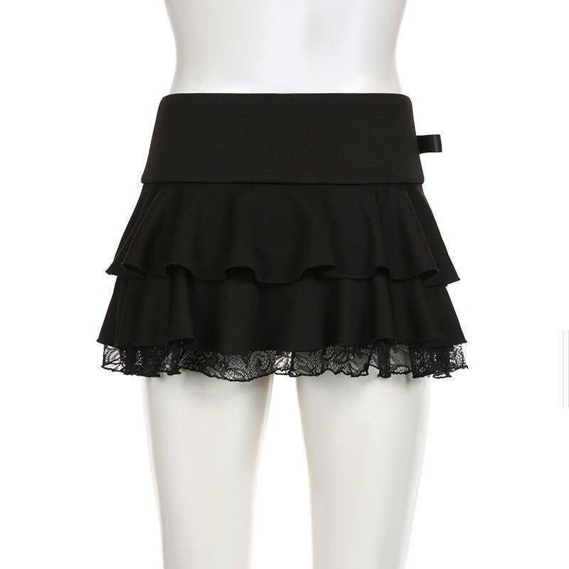 Ins Dark Style Bowknot Element Lace Patchwork Slimming Half for Women Hot Girl High Waist Multi-layer Pleated Short Skirt