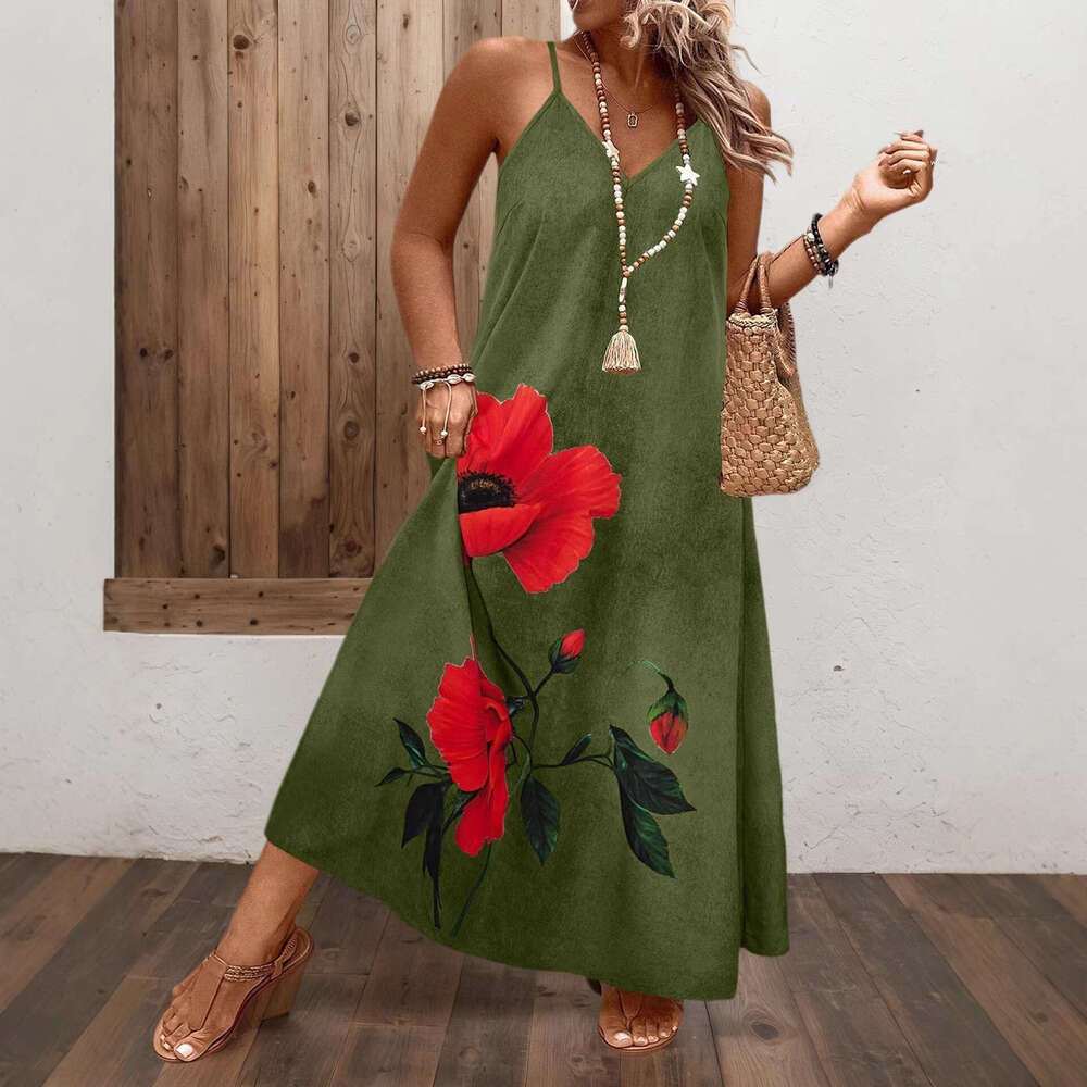 2026 Hot-Selling Summer Fashion Casual Beach European and American Cross-Border V-Neck Strap Printed Dress for Women
