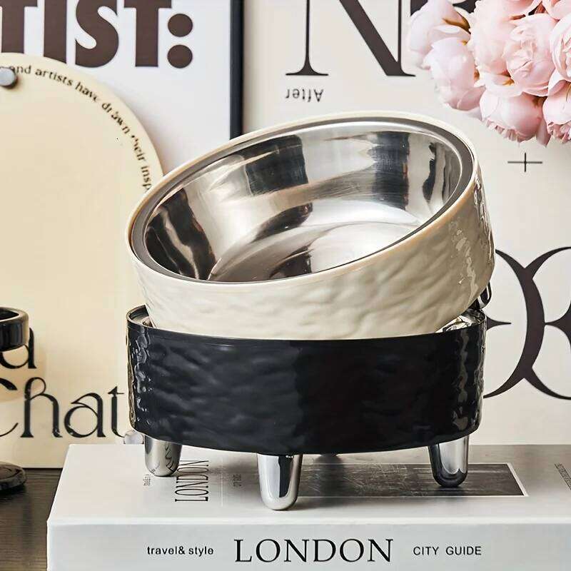 Elevated Stainless steel Pet Dog Cat bowl Heighten Neck Protection Food Bowl, Anti-dumping, Non-slip, Suitable for Kittens and P 26Y0312