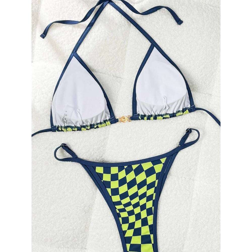 Sexy Swimsuit 2026 New Micro Bikini Women Plaid Swimwear Gold Ring High Leg Two Piece Bathing Suit Strappy Beachwear Biquini Y260303