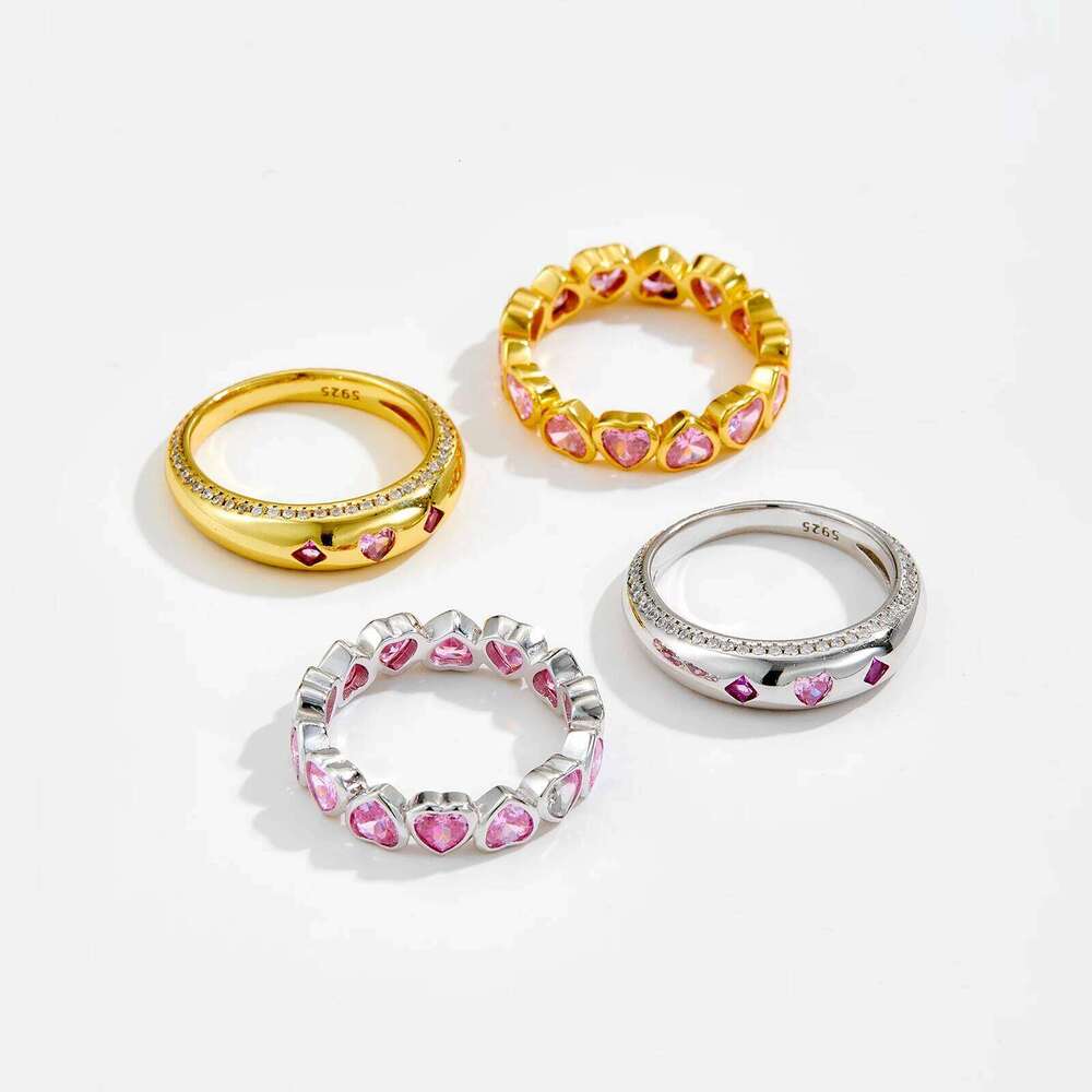 ANDYWEN 925 Sterling Silver Sweetheart Pink Zircon Ring Set Stackable Promise Rings Romantic Valentine Women Gift H260312