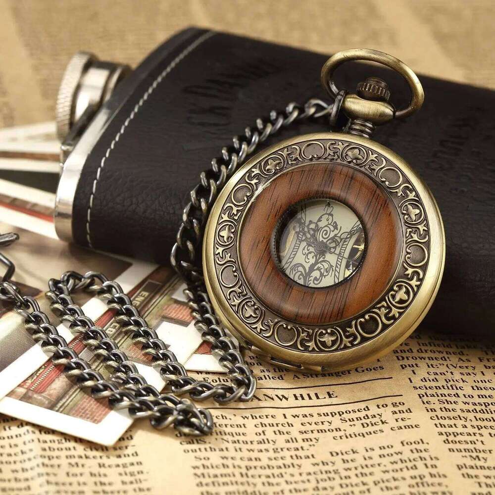 Vintage luxury wooden ring skeleton flip Roman numeral manual winding mechanical pocket watch reloj de bolsillo