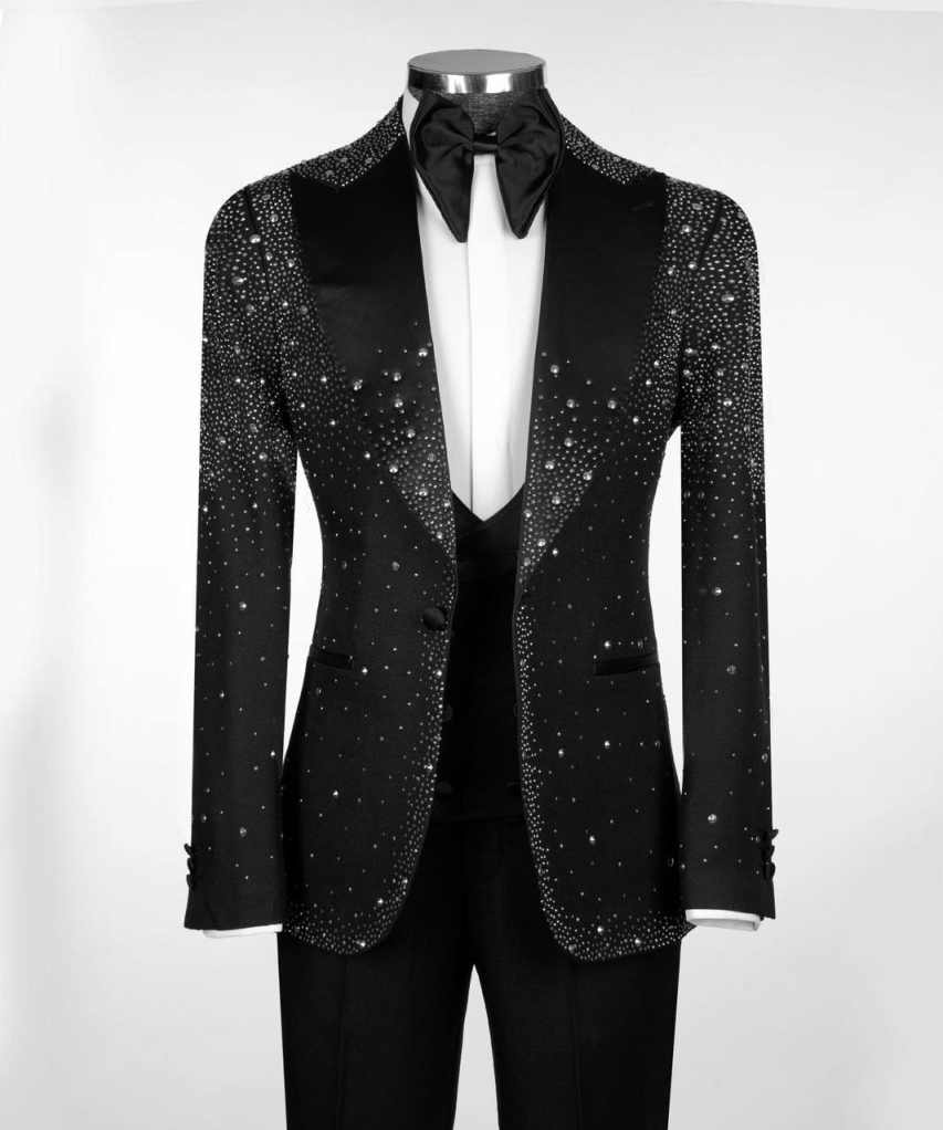 Luxurious Beaded Men Suits One Button Peaked Lapel Prom Male Blazers Classic Fit Formal Party 2 Pieces Customized Wear
