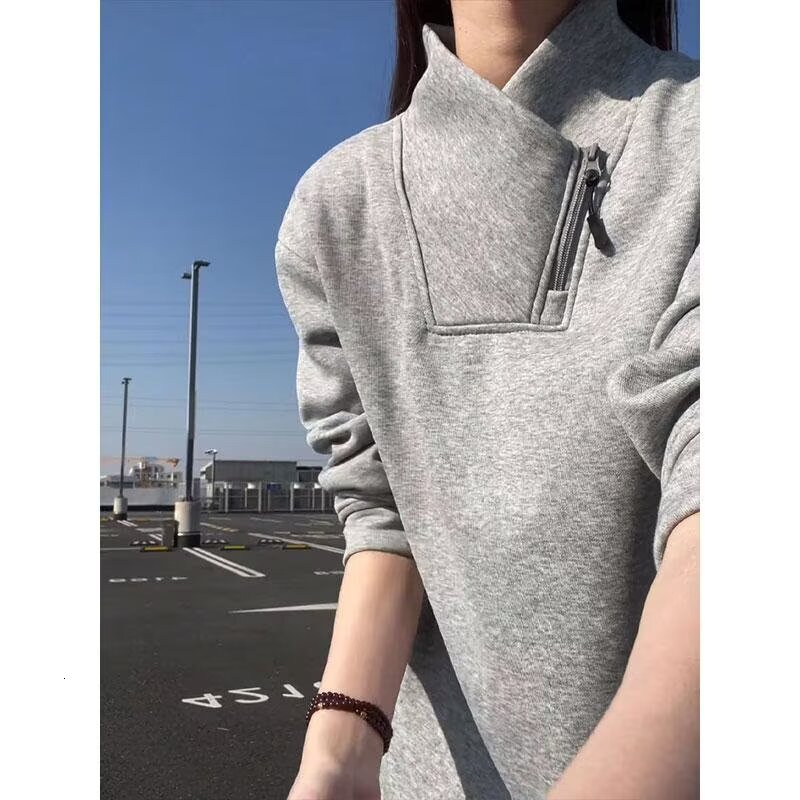 Couple's Diagonal Zipper Sweatshirt For Men Autumn And Winter Fleece-lined Stylish Long-sleeve T-shirt Heavy Designer Hoodie And Thick Warm Inner