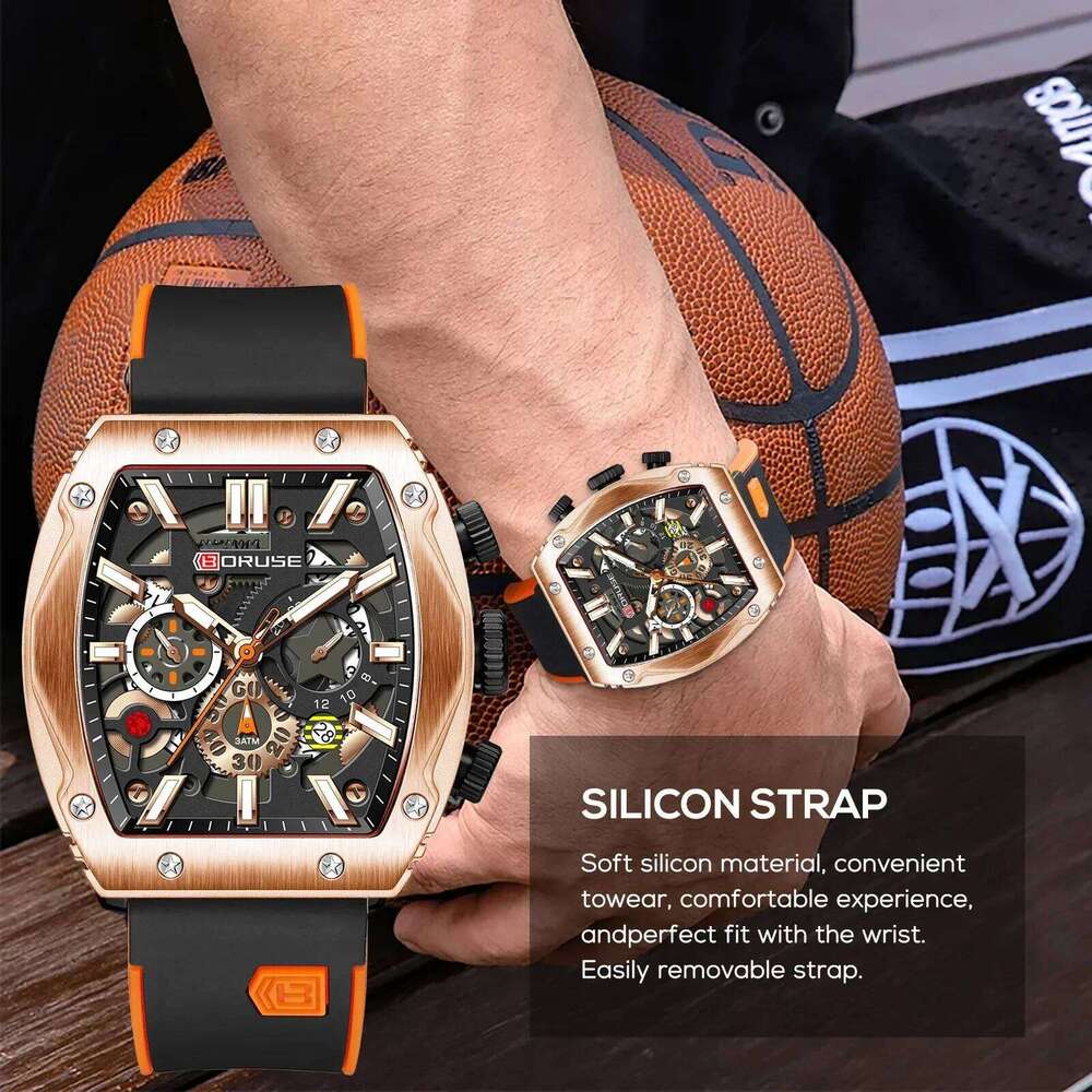 BORUSE 2Pcs/set Fashion Men's Mens Black Orange Silica Strap Necklace And Watch Male Quartz Movement Is The Best Choice