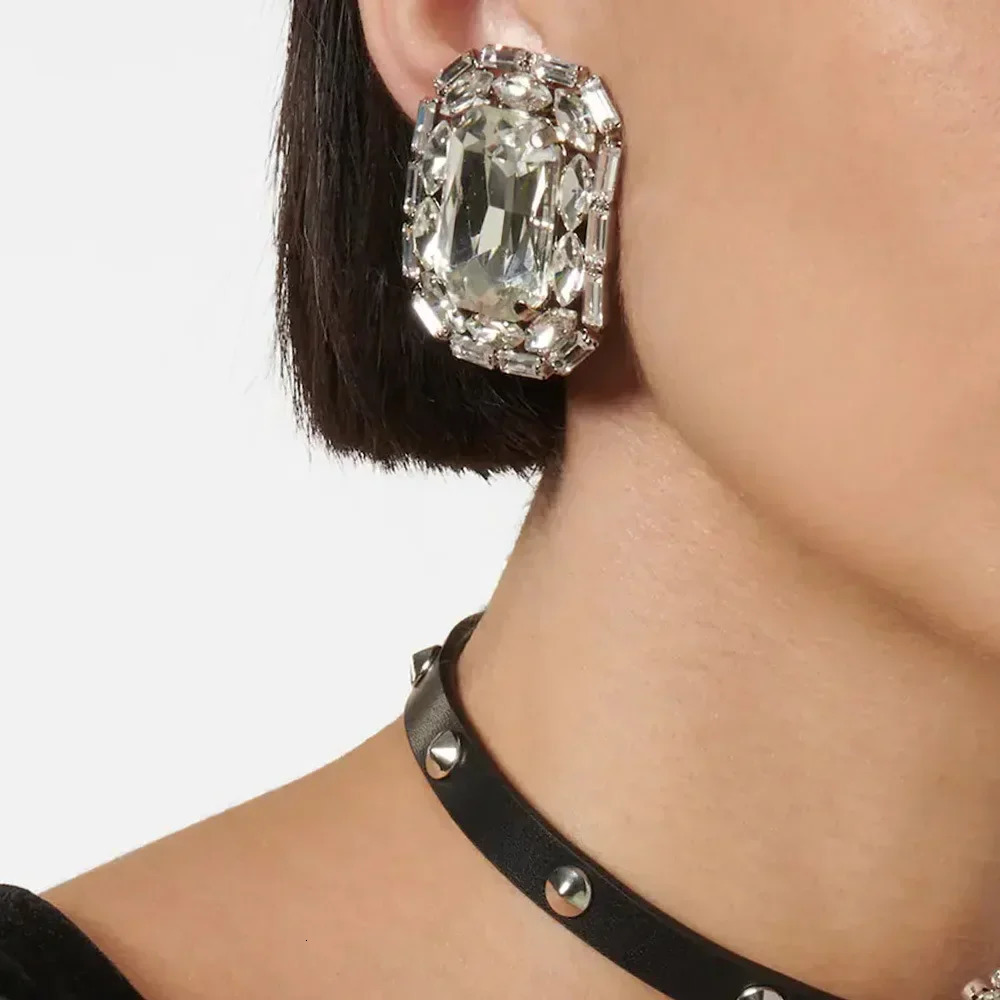 Elegant Gemstone Crystal Big Square Ear Stud Earrings for Women Wedding Clip Bridal Jewelry Accessories 260309