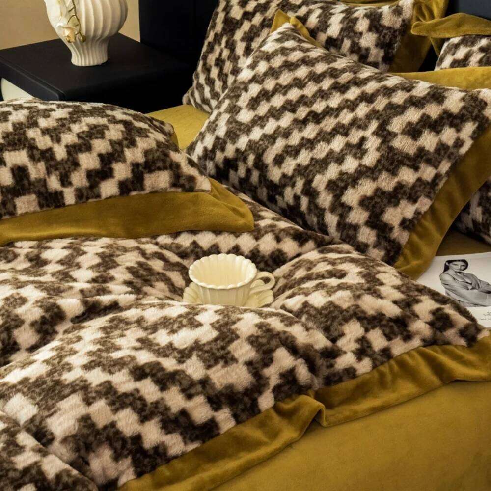 Autumn Winter Warm Coral Fleece Bedding Leopard Print Rabbit Plush Thicken Duvet Cover Bed Sheet Pillowcases Four-Piece Set H260312