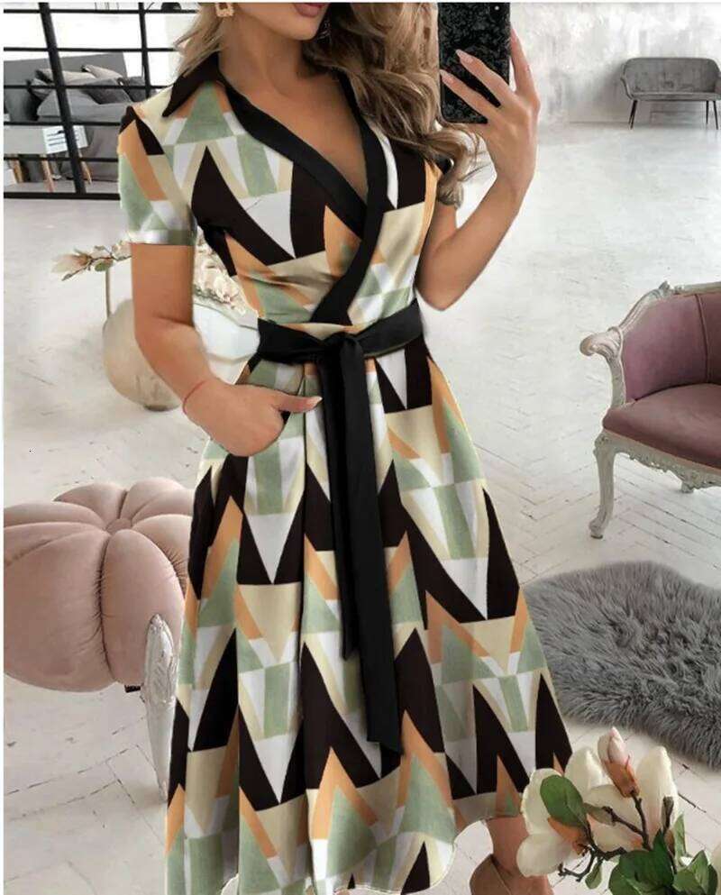 Rainbow Striped Print Summer 2023 Women Button Up Short Sleeve Casual Vintage Shirt Long Dress Ladies Elegant Maxi Dresses C260312