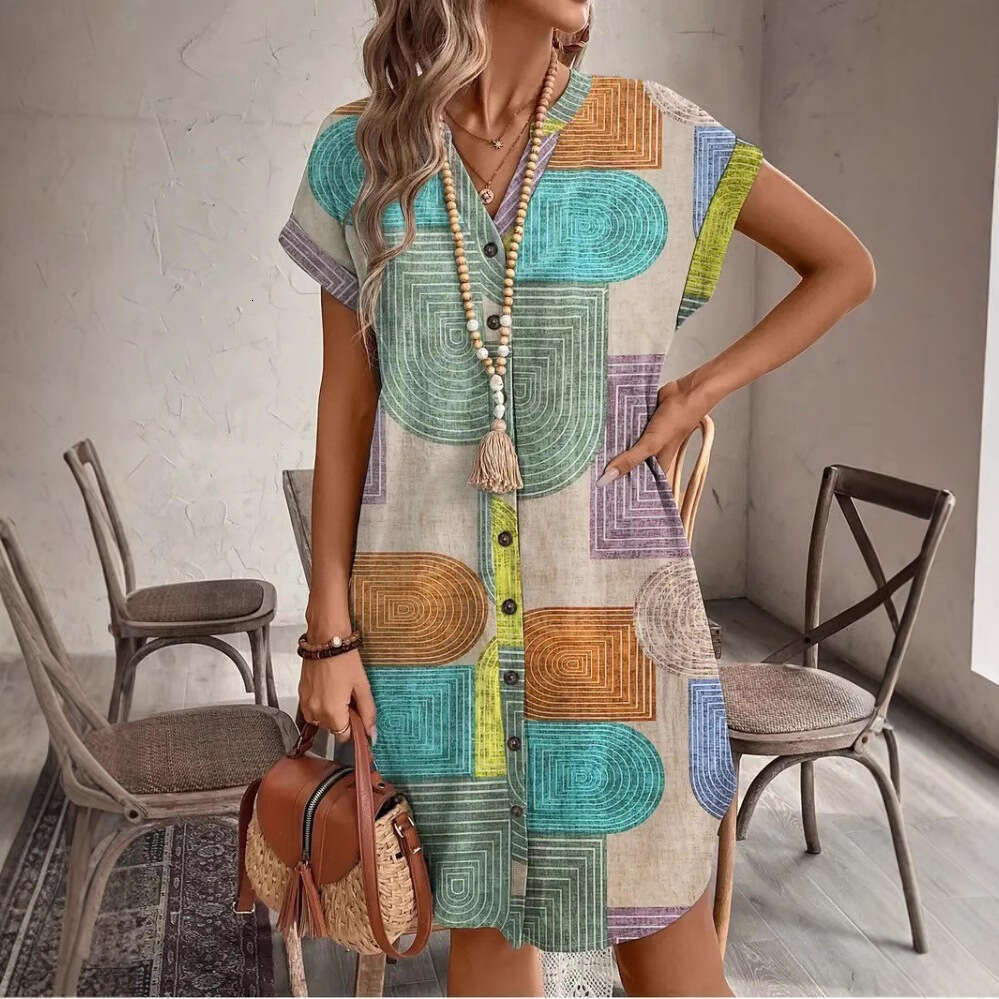 2025 European and American Amazon Summer Geometric Print Elegant V-Neck Buttoned Women's Short Sleeve Dress