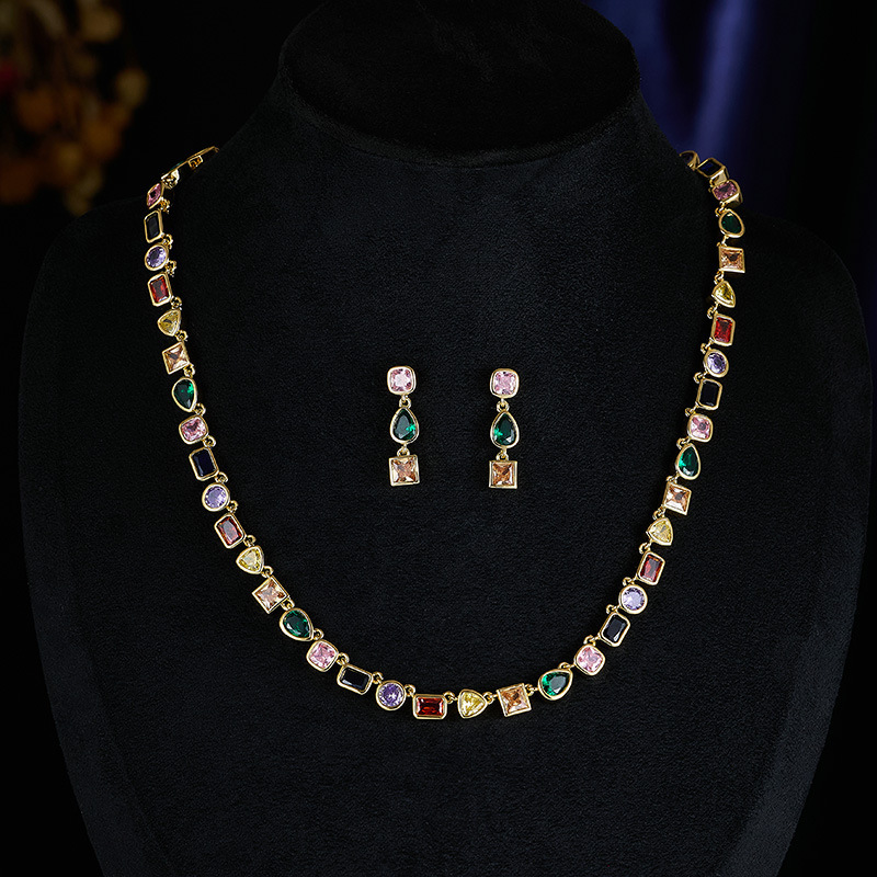 Designer Luxury Colorfuly Gemstones Earrings And Necklace For Women Ins Style Sparkly Cubic Zircon Irregular Geometric Cz Stones Wedding Hip Hop Jewel