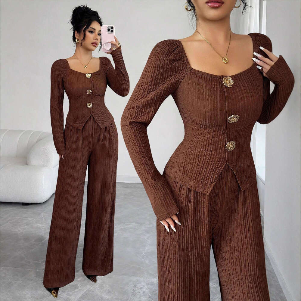 European And American New Style Knitted Textured Solid Color Square Collar Metal Rose Buckle Slim Fit Fashion Suit For Women