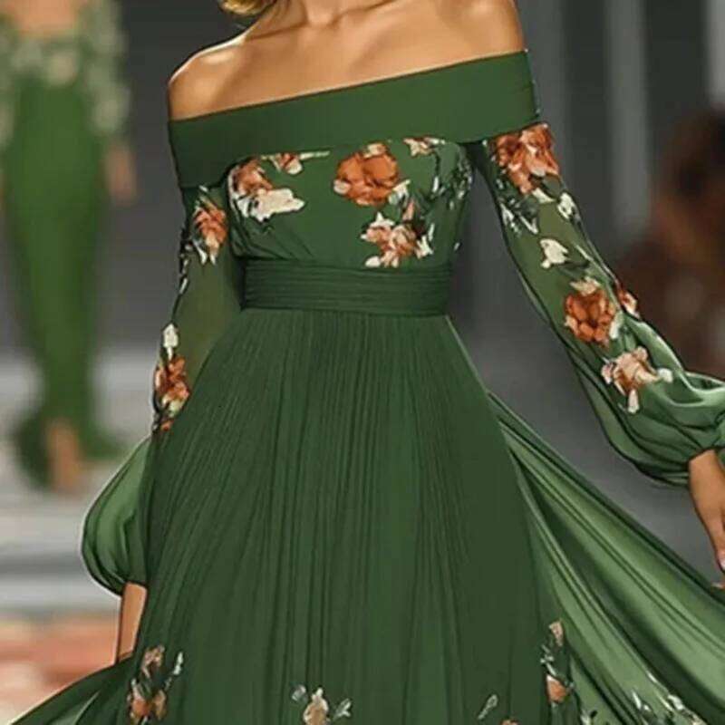 Elegant Sleeve Slash Neck Pleated Long Sexy Backless Print High Waist Woman Autumn Strapless Lace Up Prom Dress C260312