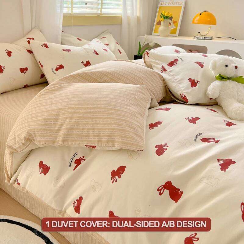 100% Cotton Set Set- Red Bunny & Striped Design Duvet Cover with 2 Pillowcases, Soft Breathable Bedding H260312