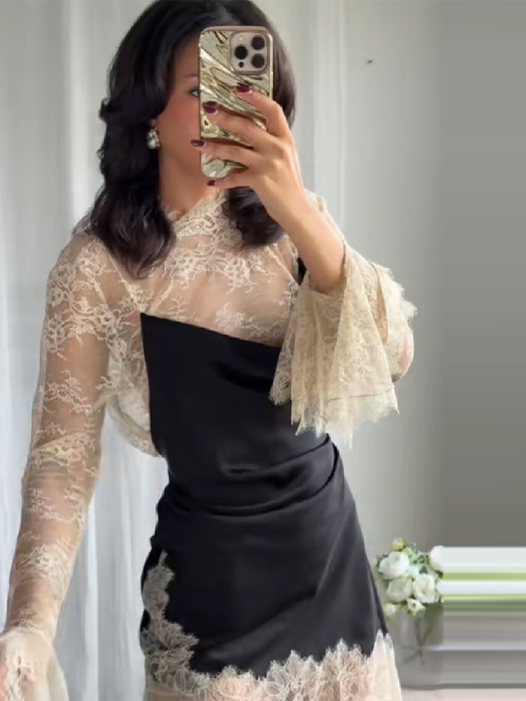Vintage Contrast Lace Satin Dress for Women Sheer Bell Sleeve Mock Neck Ruched Bodycon Mini Cocktail Dress