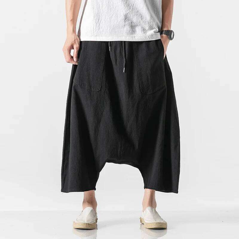 2023 Summer Plus Size Casual Harem Vintage Loose Cotton Linen Wide Leg Pants Men Elastic Waist Pantalones Trousers