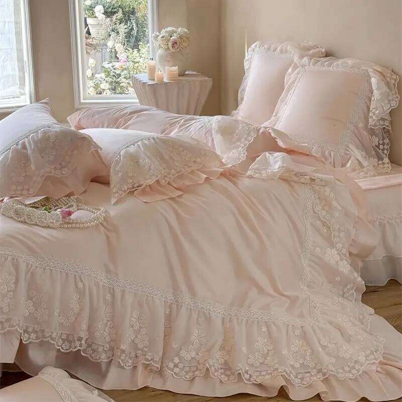 1200TC Egyptian Cotton Lace Ruffles Princess Wedding Style Pink Bedding Set Duvet Cover Flat/Fitted Bed Sheet Pillowcases 4Pcs H260312
