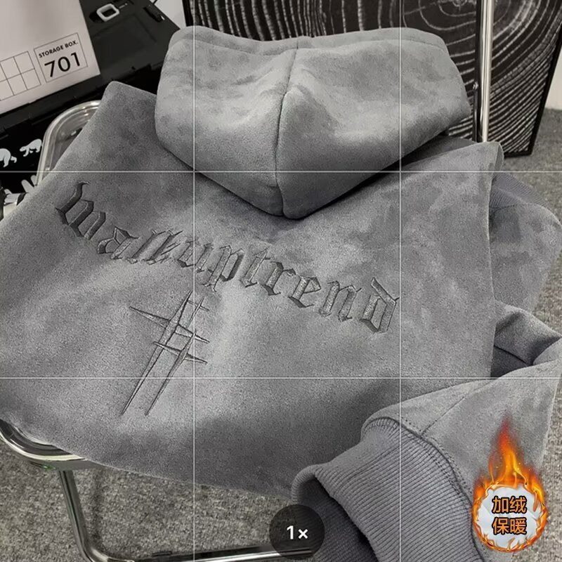 Spring And Autumn Suede Sweatshirt For Men New Loose-fit Trendy Designer Hoodie Brand With Embroidered Letters Fleece-lined Hooded Top