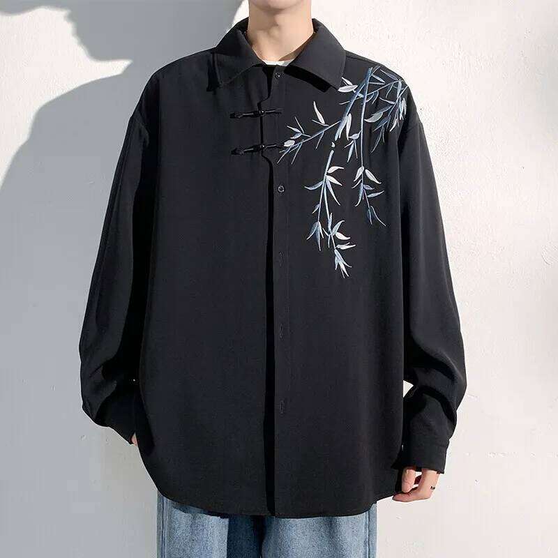 Men Loose Fit Embroidered Floral Casual Shirt Streetwear Oversized Comfortable Spring Summer Fashion Trendy Stylish Top Apparel Asia Size
