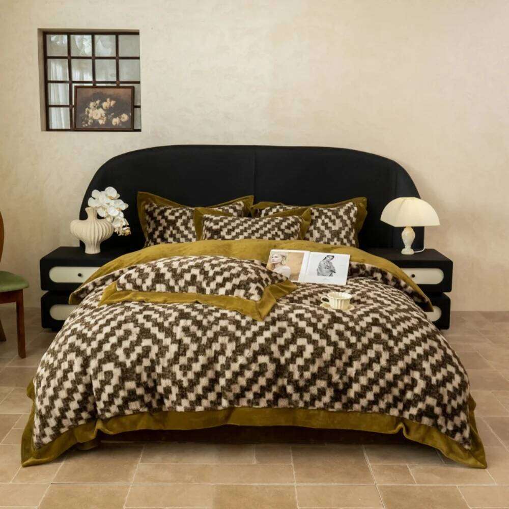 Autumn Winter Warm Coral Fleece Bedding Leopard Print Rabbit Plush Thicken Duvet Cover Bed Sheet Pillowcases Four-Piece Set H260312