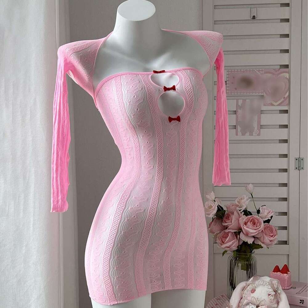 Women Pink Knitted Bodycon Dress with Detachable Sleeves Sexy Cut-Out Design with Red Bows for Party, Cosplay, or Romantic Wear