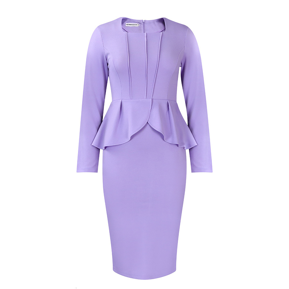 D444 Plus Size Womens Clothing Autumn Winter New Long Sleeve OL Elegant Ruffle Dress