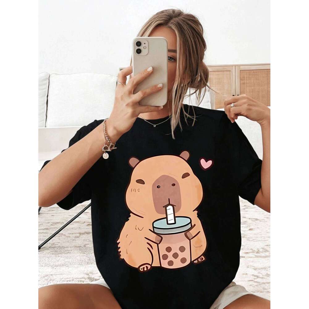 Womens Oversized Cotton Capybara Bubble Tea Funny Graphic Printed Summer Casual Cute Tshirt for Women Gift Z260312